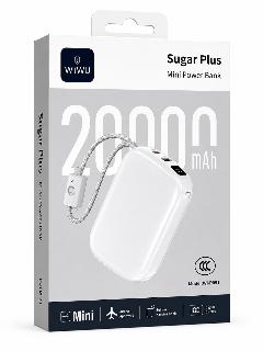 باور بانك WIWU Sugar Plus Mini سعة 20000mAh مع شاشة رقمية وكابل مدمج – أبيض
